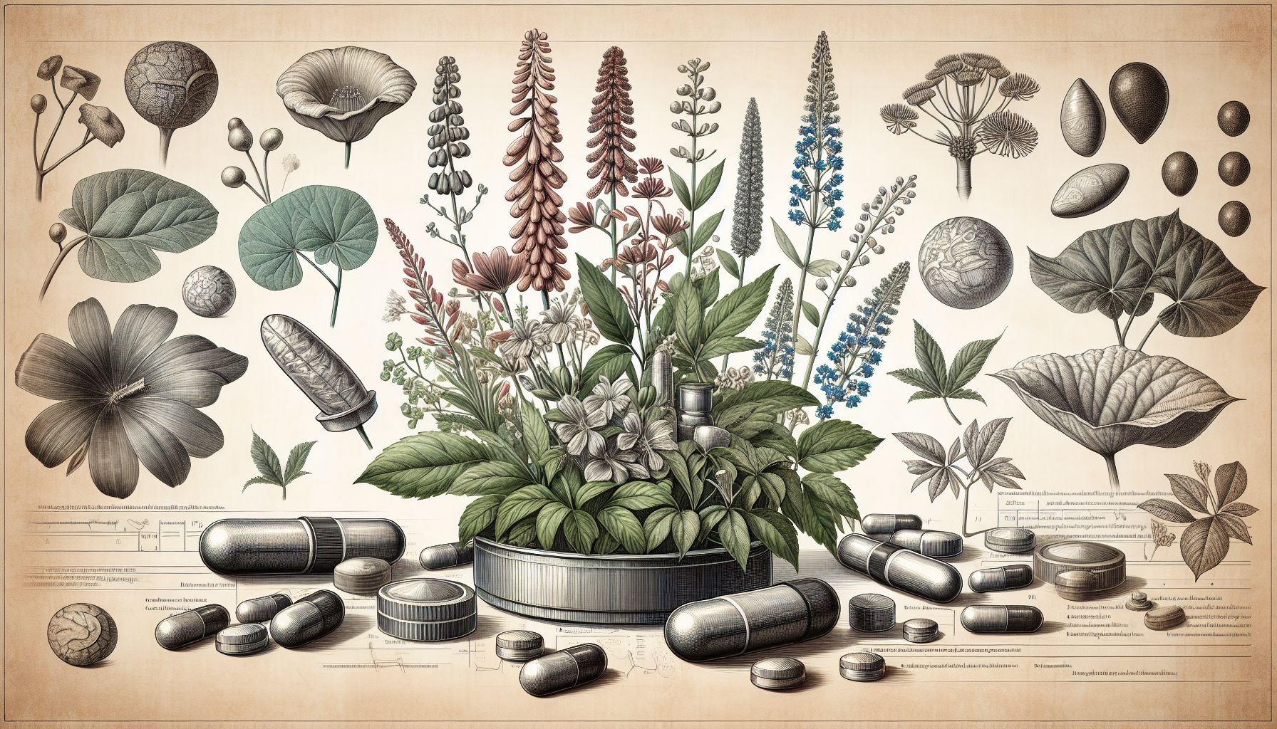 Herbal Viagra alternatives: natural remedies and their biological effects visualized with plant icons and mechanism diagrams